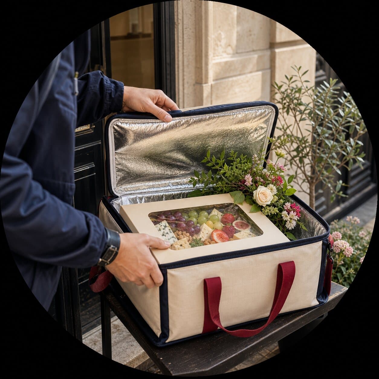 Livreur remettant une box isotherme avec plateau de fruits et fleurs devant une porte d'immeuble parisien