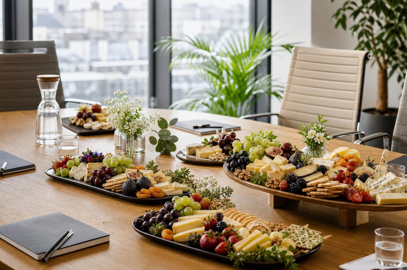 Table de réunion avec plusieurs plateaux fruits et fromages pour une commande entreprise.