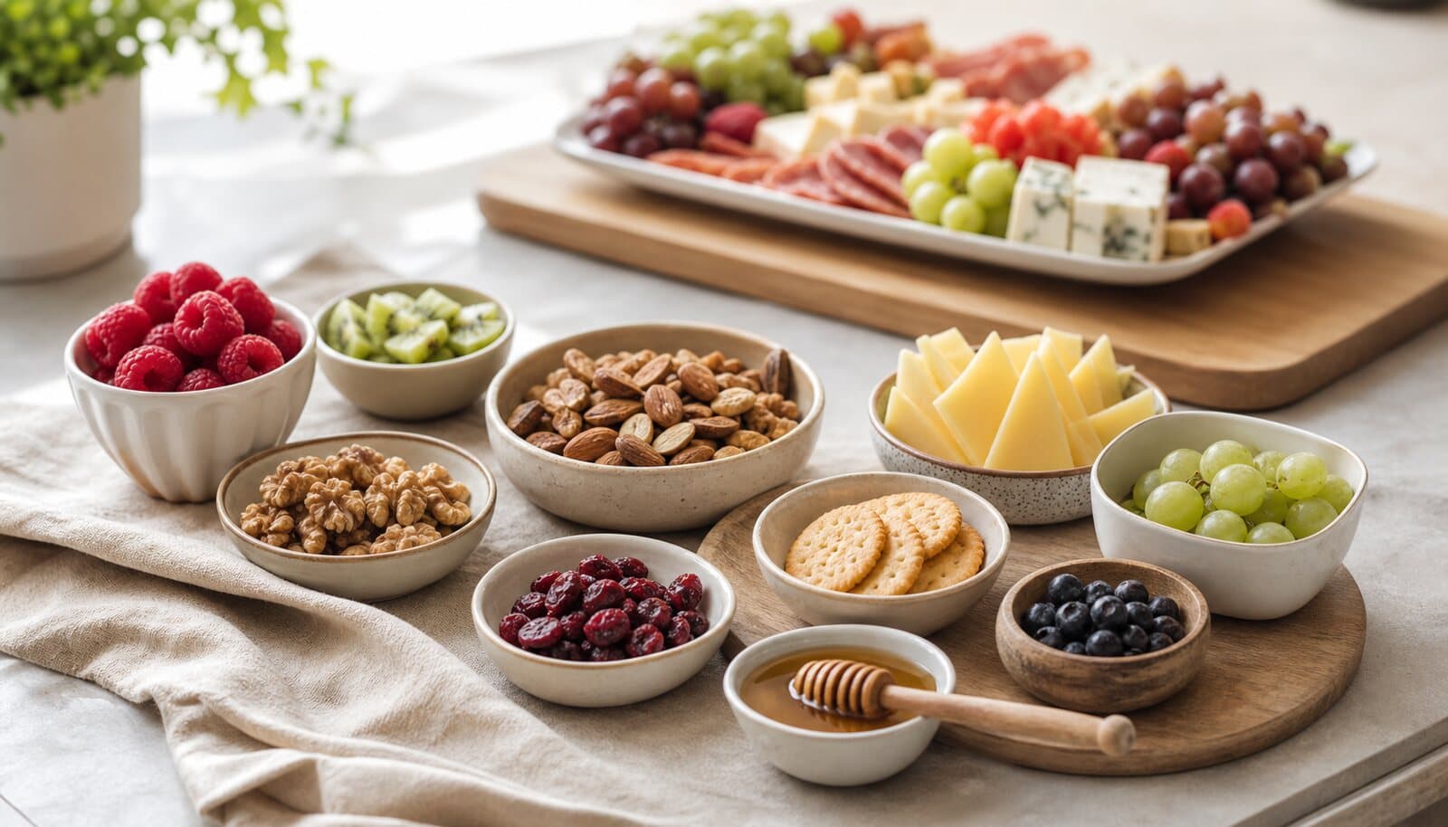 Portions supplémentaires de fruits, fromages, crackers, miel et fruits secs