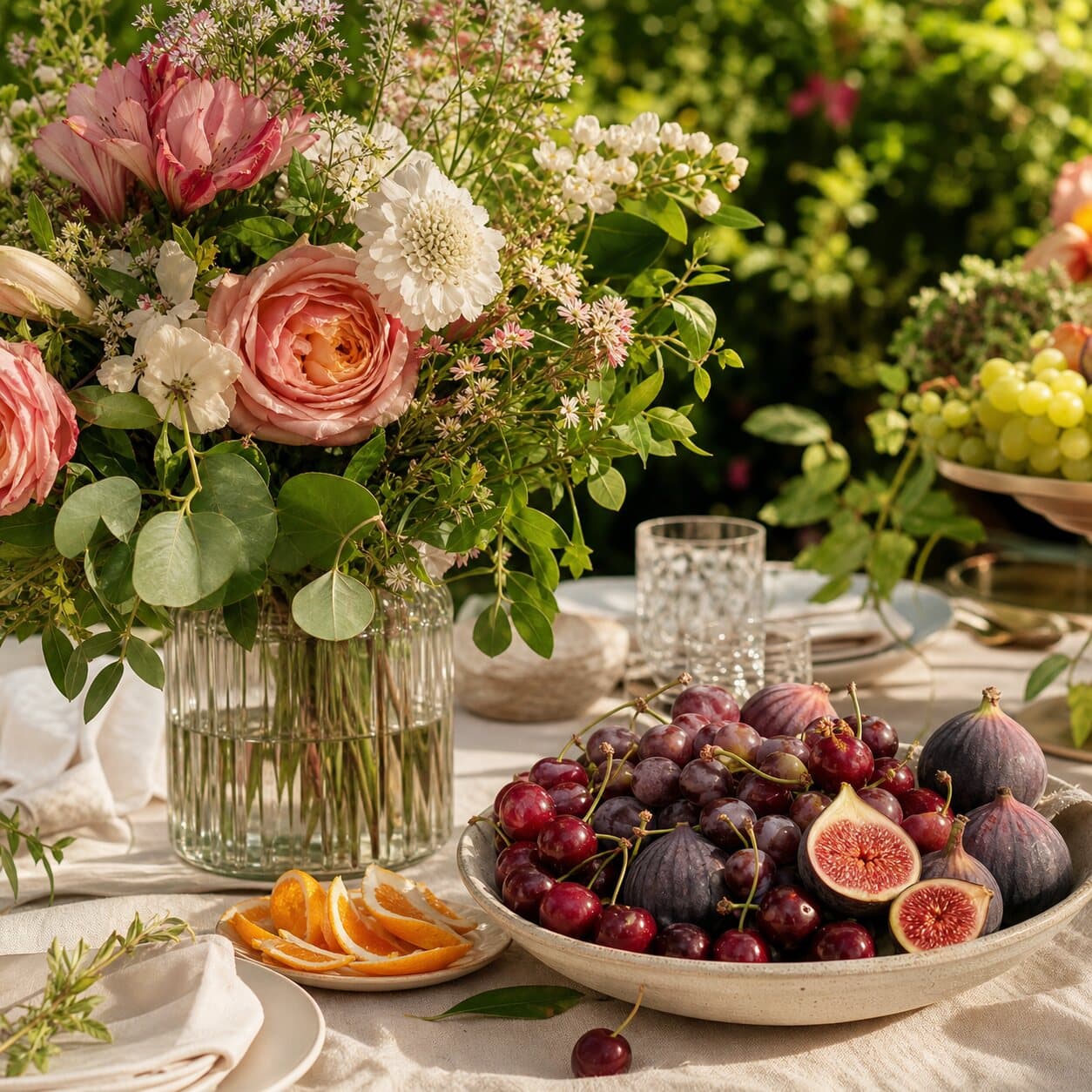 Plateau de fruits frais de saison associés à des fleurs fraîches, pour deux à quatre personnes.