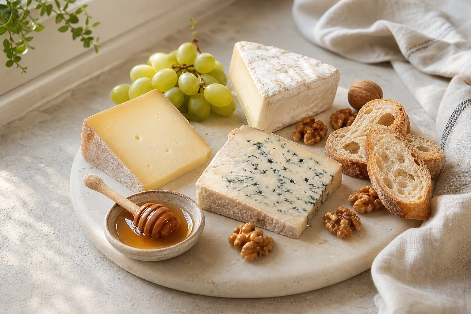 Plateau découverte avec fromages, raisins, noix, pain et miel.